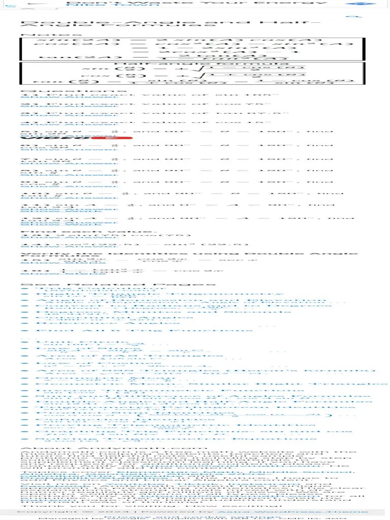 Double Angle And Half Angle Formulas Pdf Trigonometry Elementary