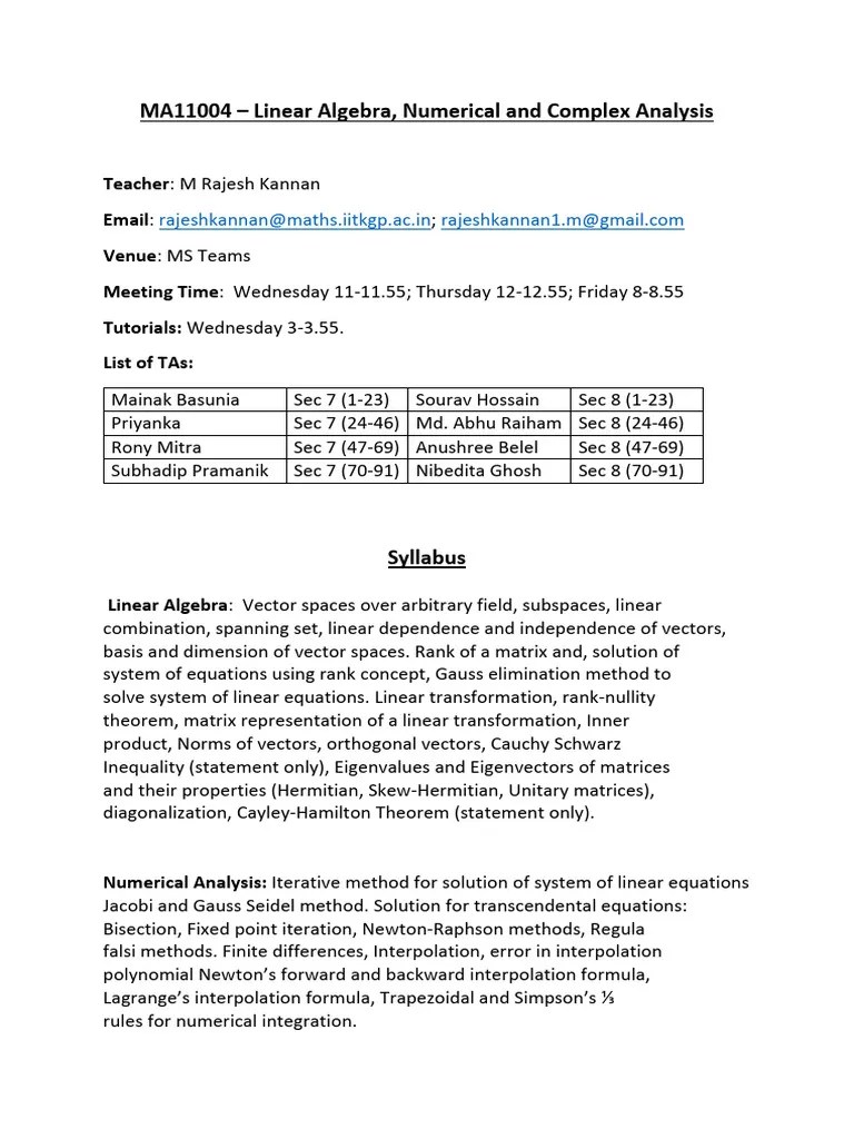 Linear Algebra, Numerical And Complex Analysis | PDF | Linear Algebra ...