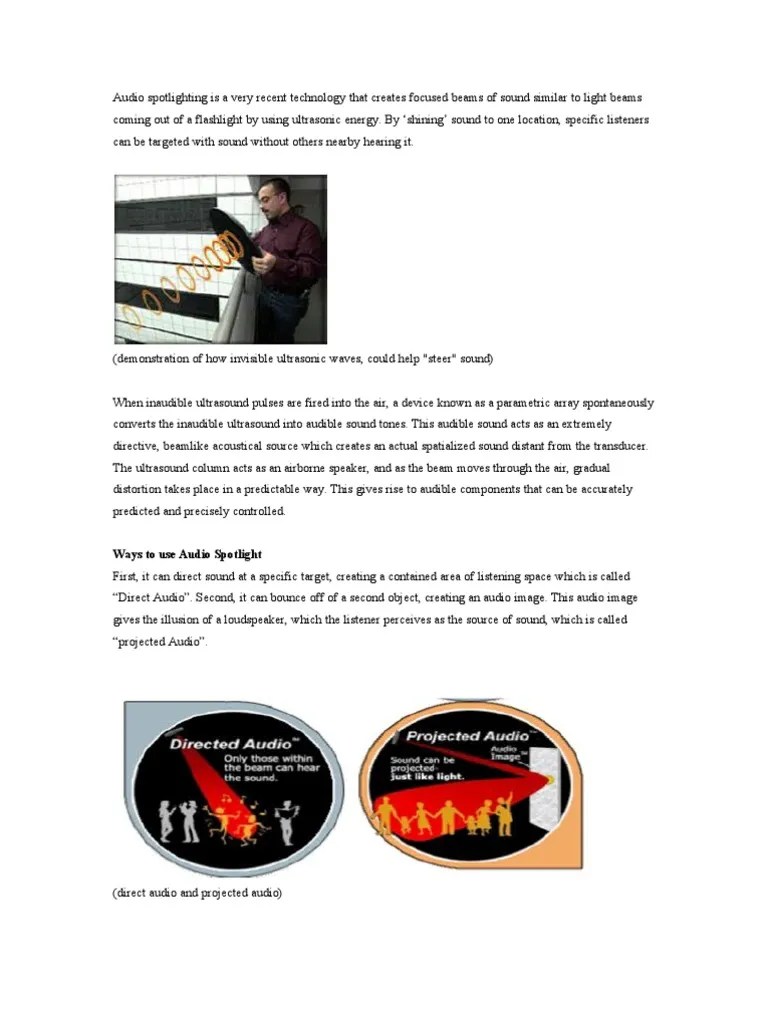 Basic Working Of Audio Spotlight | PDF | Sound | Loudspeaker