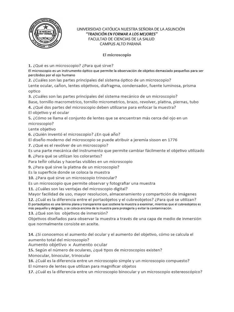Cuestionario Continuación El Microscopio 2 | PDF | Resolución Angular ...