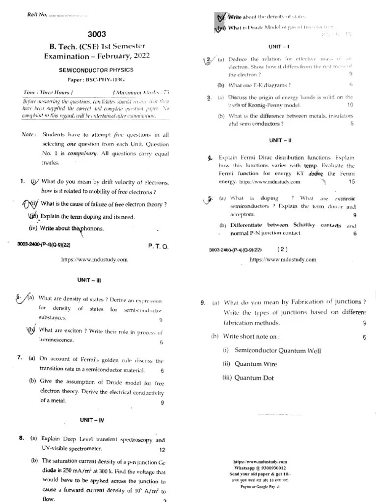 Btech 1 Sem Semiconductor Physics 3003 Feb 2022 | PDF