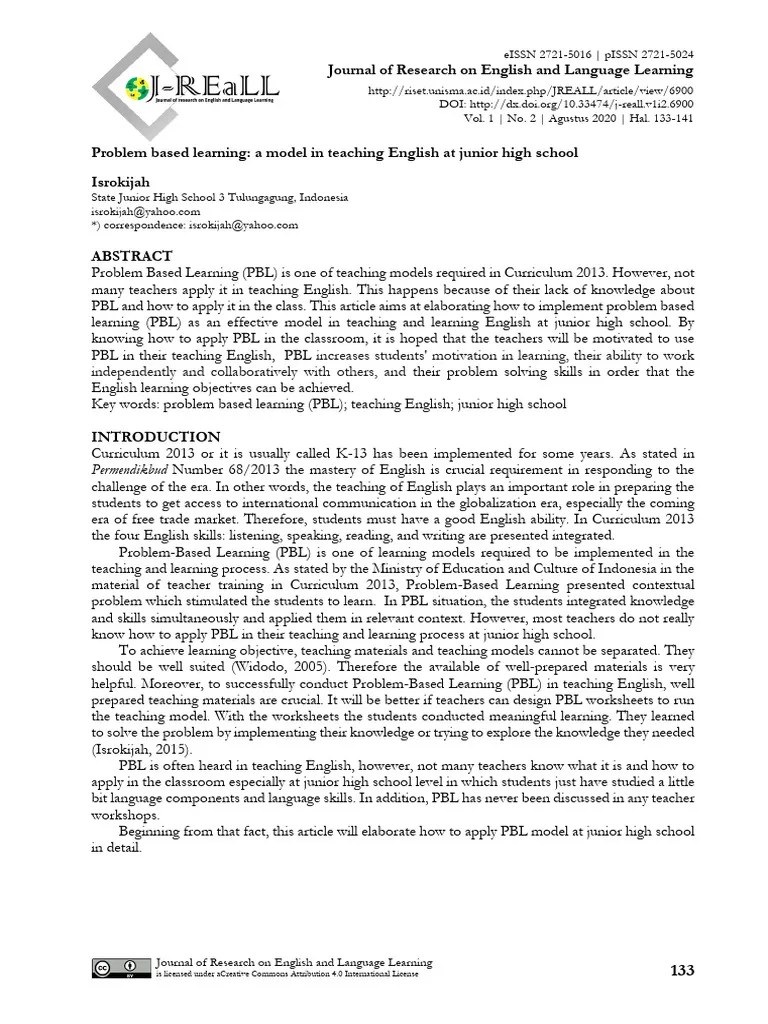 Problem Based Learning A Model In Teaching English Pdf Teachers