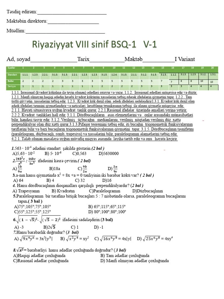 PAYLAŞMAYIN - RİYAZİYYAT VIII SİNİF. BSQ-1.Variant-1.FƏRQANƏ BABAYEVA | PDF