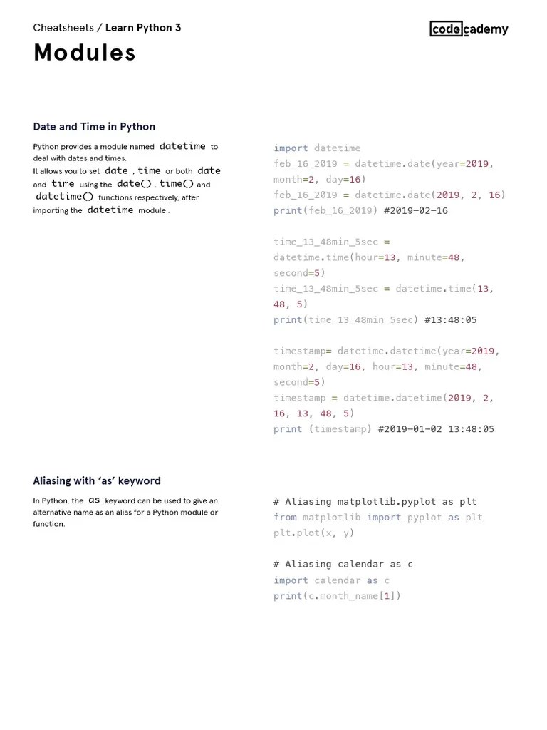 Learn Python 3 - Modules Cheatsheet - Codecademy | PDF | Python ...