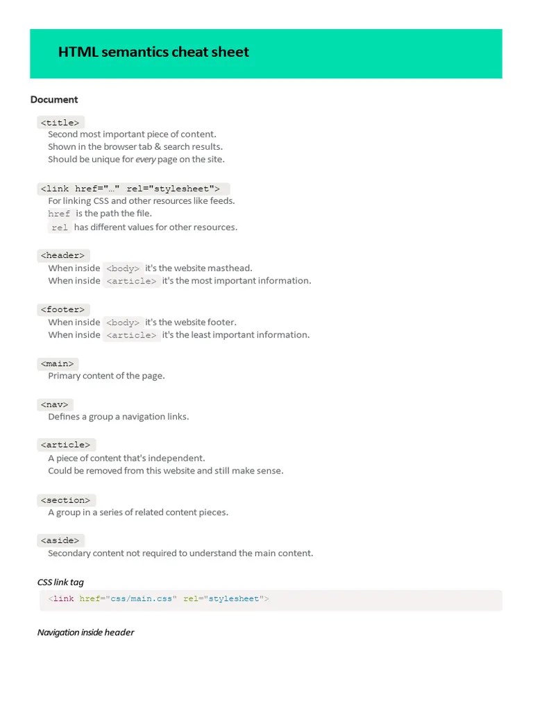 HTML Semantics Cheat Sheet | PDF | Hyperlink | Html Element