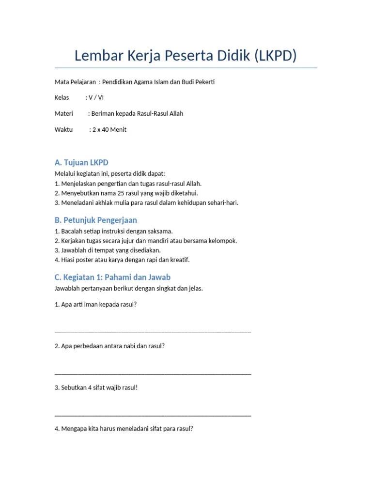 LKPD Beriman Kepada Rasul | PDF
