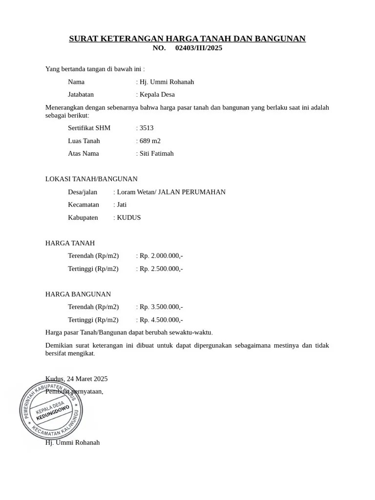 Surat Keterangan Harga Tanah Dan Bangunan | PDF