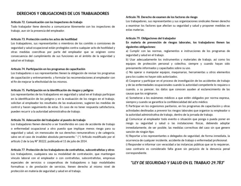 Derechos Y Obligaciones De Los Trabajadores | PDF | Seguridad Y Salud ...