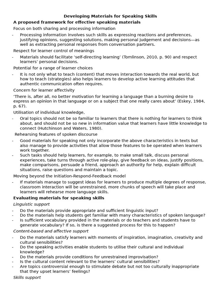 Week 7 Preparation (Developing Materials For Speaking Skills) | PDF ...