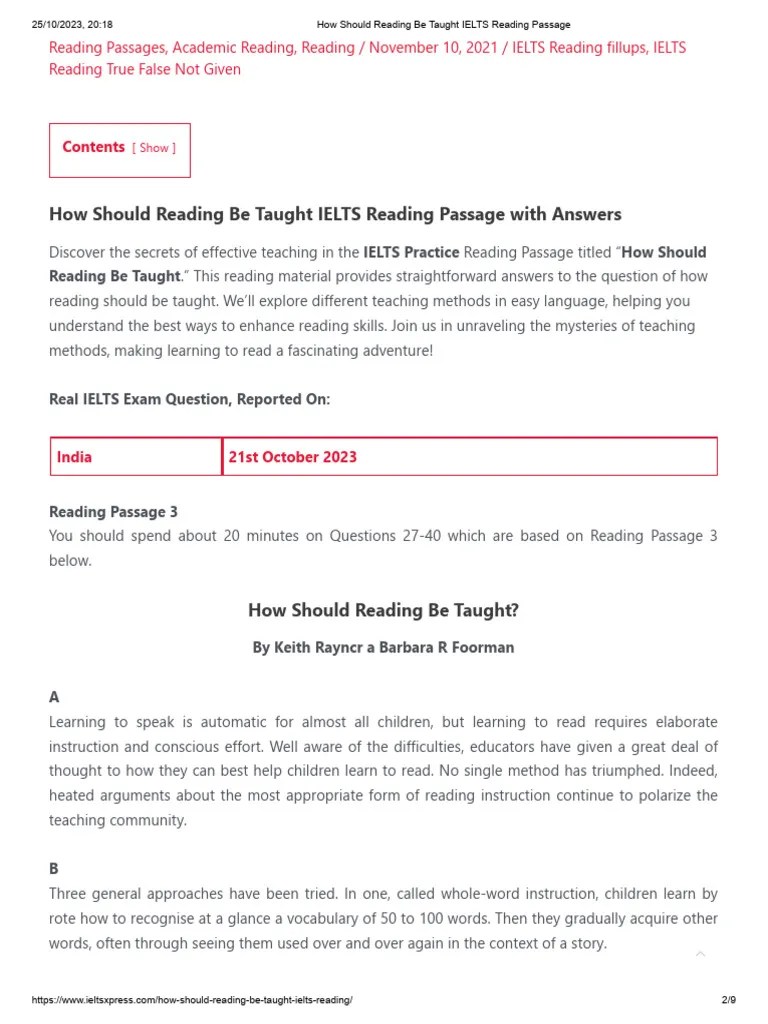 How Should Reading Be Taught IELTS Reading Passage | PDF | Phonics | Cognition