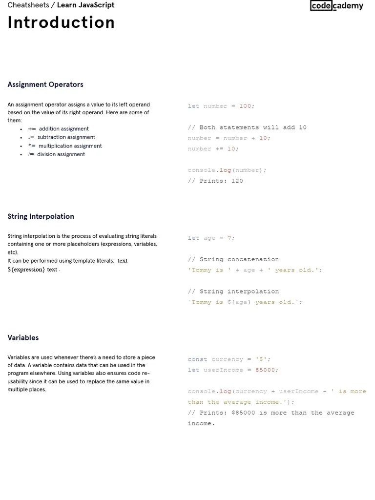 Learn JavaScript_ Introduction Cheatsheet _ Codecademy | PDF | Java ...