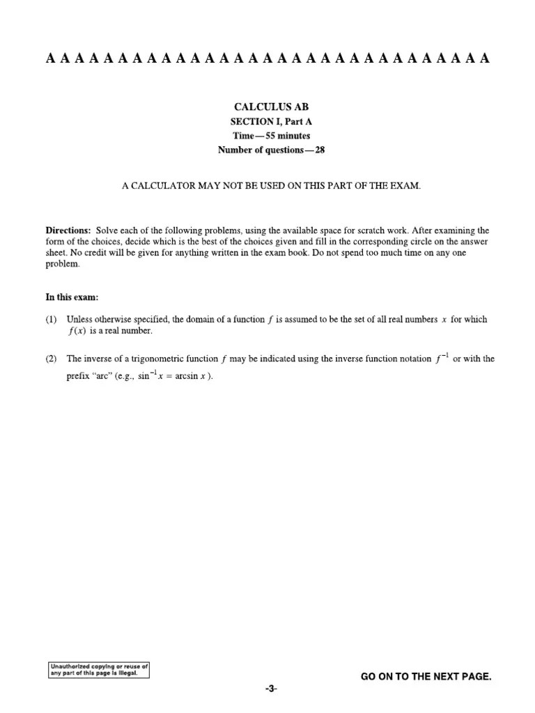 AP Calculus AB Practice Exam 2016 Part A Multiple Choice | PDF