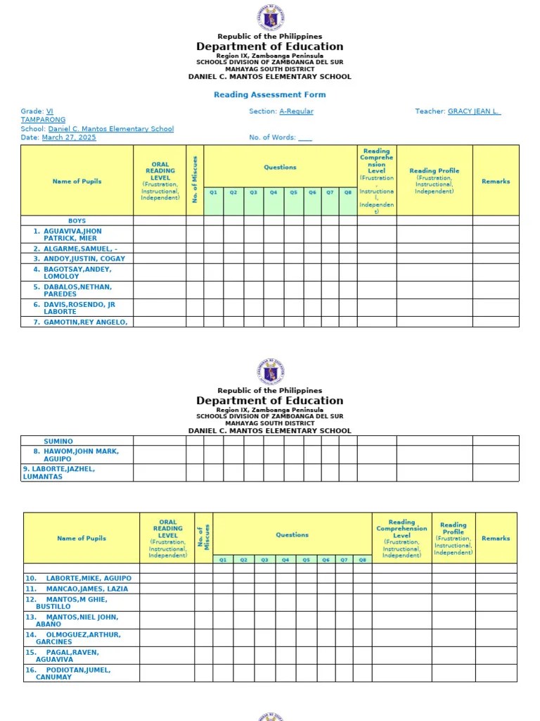 Reading Assessment Tool 3 | PDF