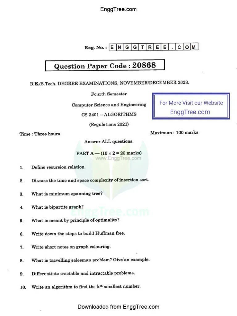 CS3401 Algorithms Nov Dec 2023 Question Paper Download | PDF