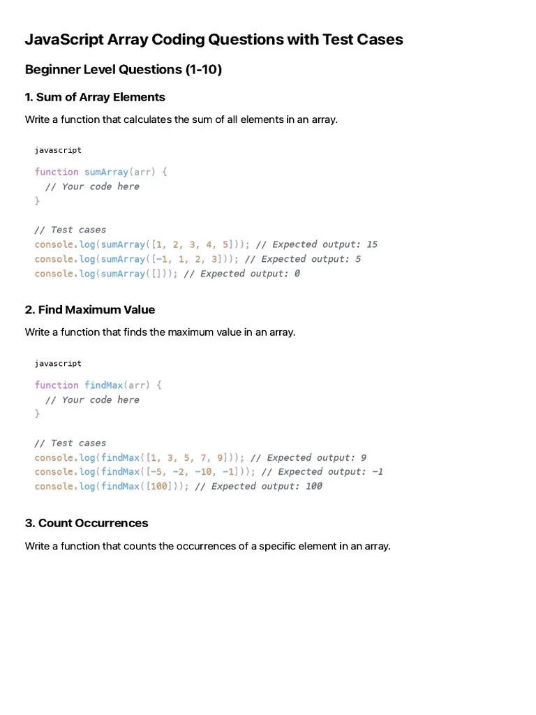 JavaScript Array Coding Questions With Test Cases | PDF | Java Script ...