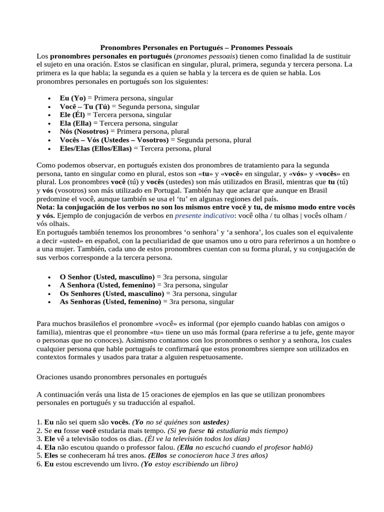 Pronombres Personales En Portugués | PDF | Plural | Pronombre