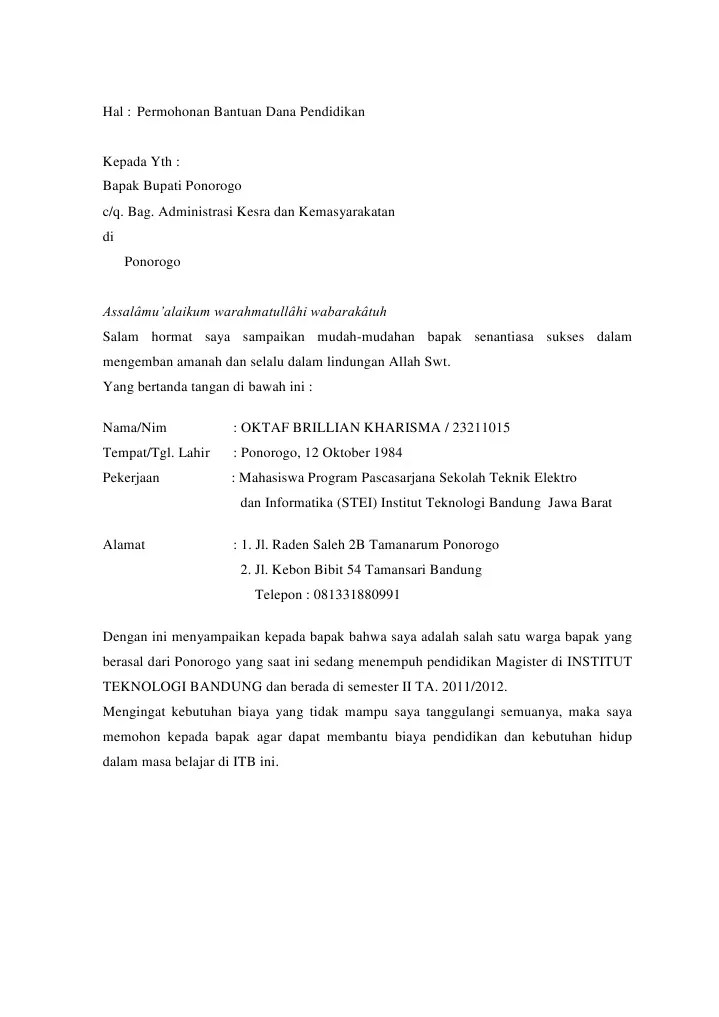 Contoh surat permohonan bantuan dana pendidikan ke baznas. Proposal Pengajuan Dana Kuliah Pdf