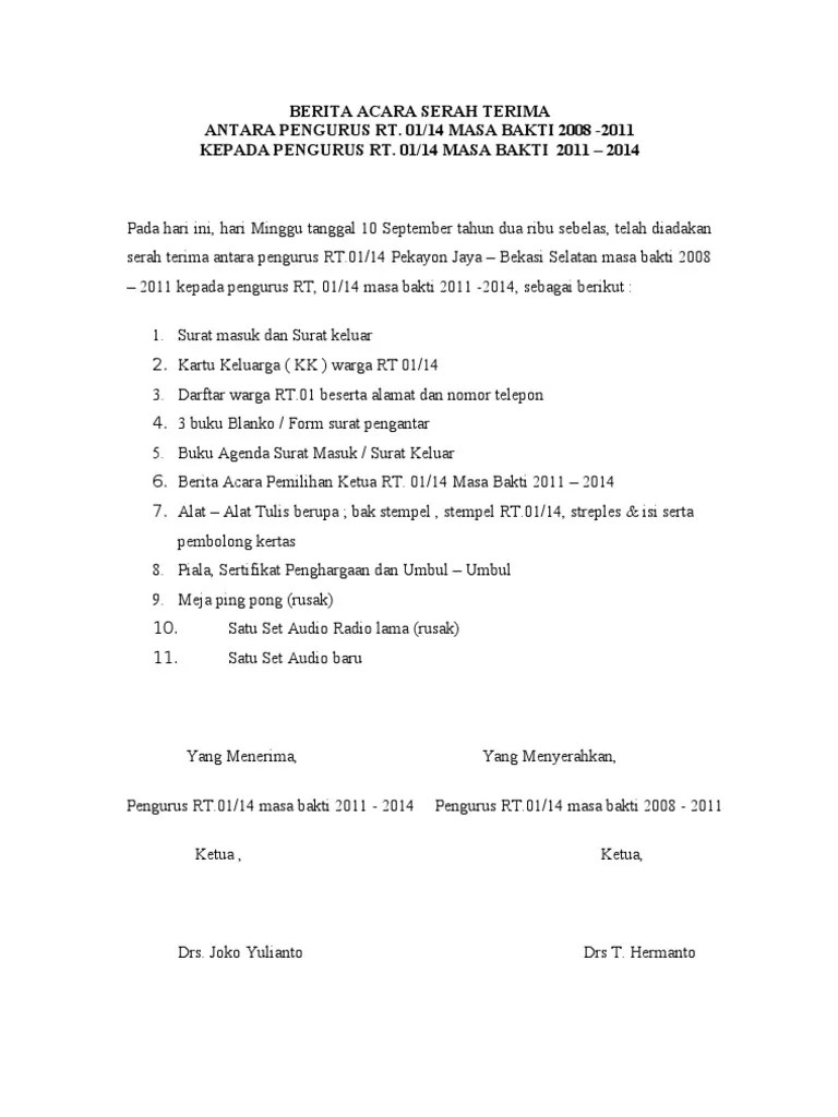Perum keroncong village rt 06/07 kecamatan jatiuwung. Contoh Surat Berita Acara Serah Terima Jabatan Rt Audit Kinerja