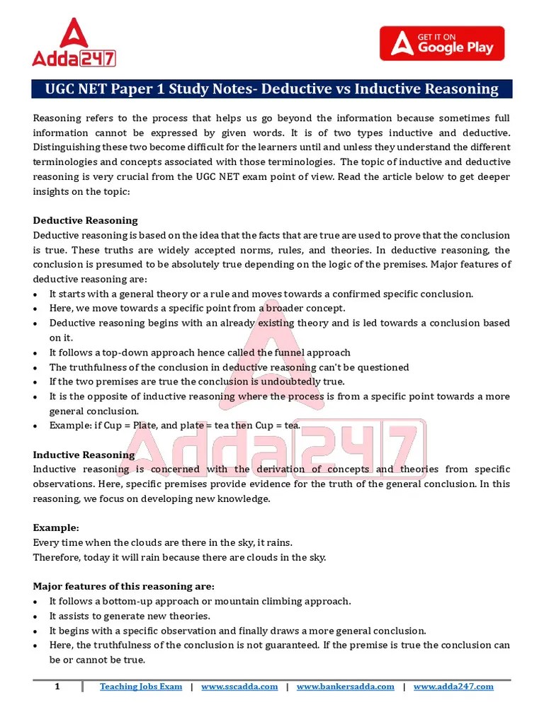 UGC NET Paper 1 Study Notes - Deductive Vs Inductive Reasoning - 8827 ...