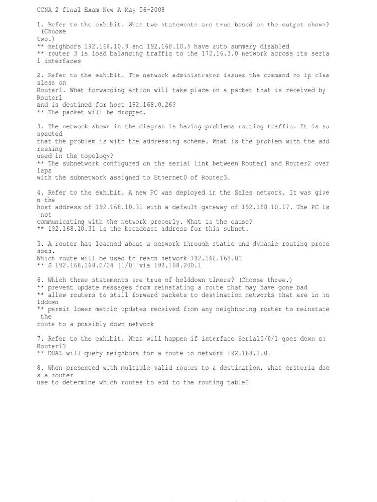 CCNA 2 Final Exam Questions | PDF | Routing | Router (Computing)