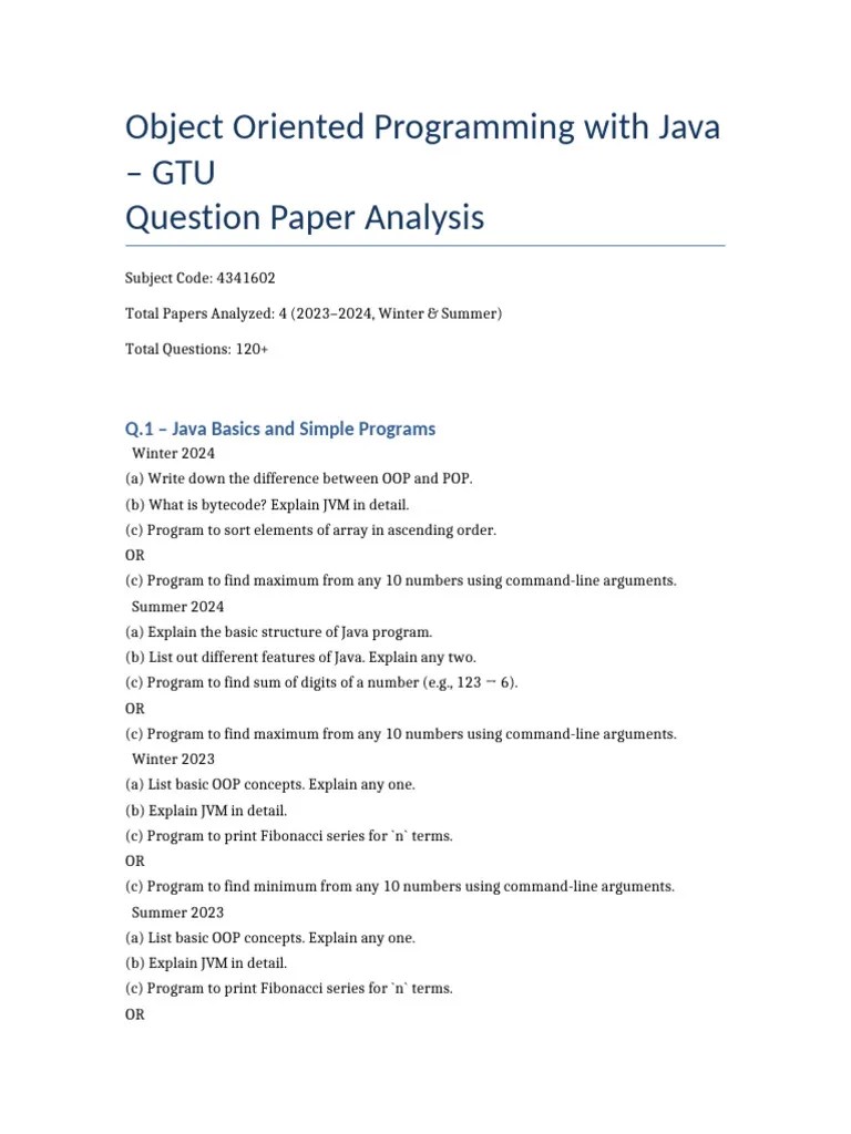 GTU Java 4341602 Question Paper Analysis | PDF | Constructor (Object ...