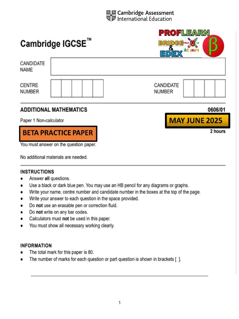 IGCSE Additional Mathematics 0606 - 12 Paper JUNE 2025 Practice 2 | PDF