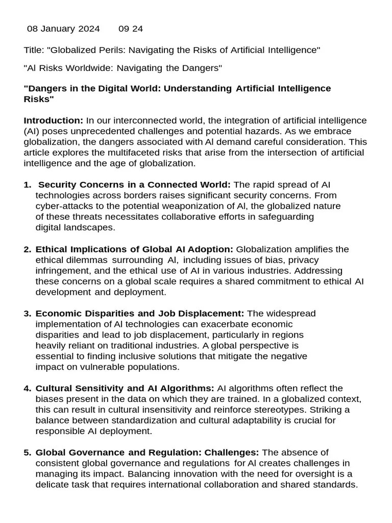 Globalized Perils Navigating The Risks Of Artificial Intelligence | PDF ...