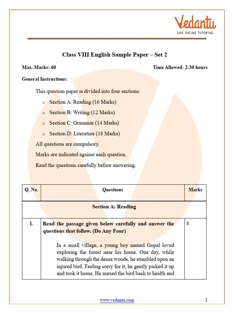 Cbse Class 8 English Sample Paper Set 2 With Solutions Free Pdf Pdf