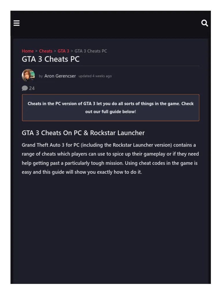 GTA 3 PC Cheat Codes Guide PDF Gaming 1