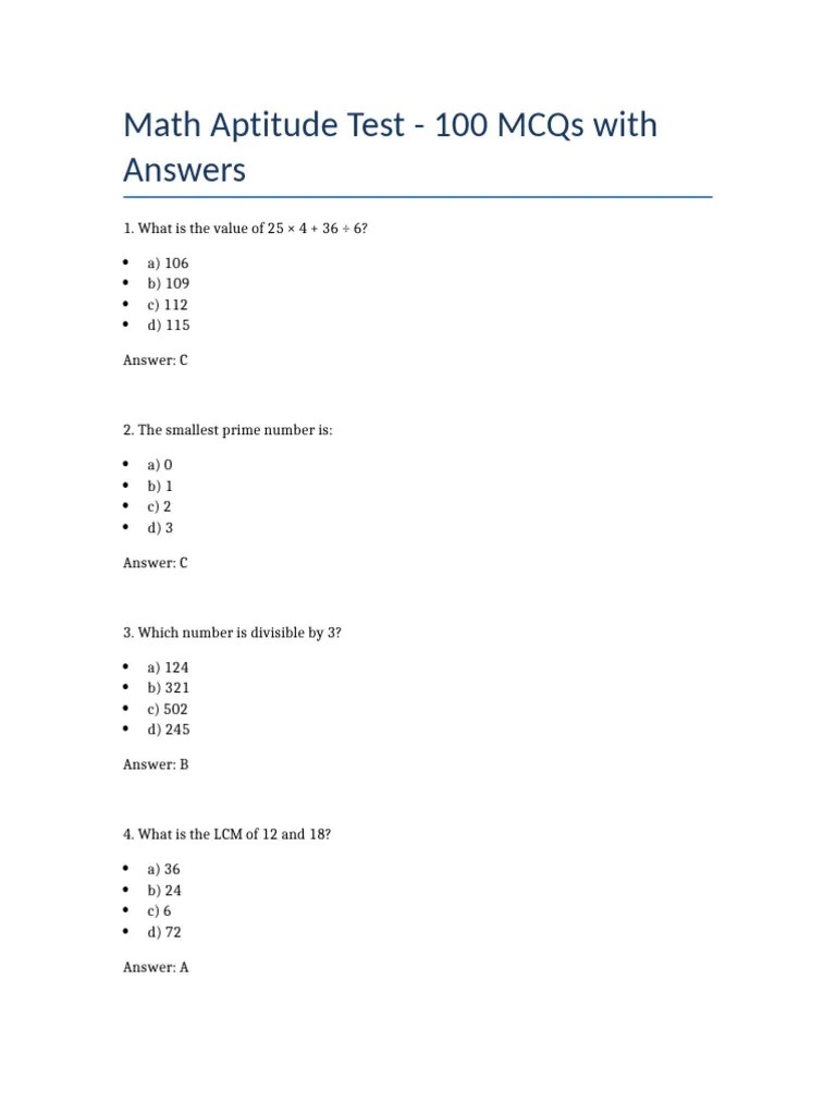 Math Aptitude Test 100 Mcqs Pdf Elementary Mathematics Arithmetic