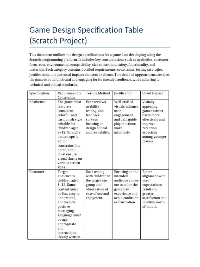 Scratch Game Design Specification | PDF | Usability | Computing