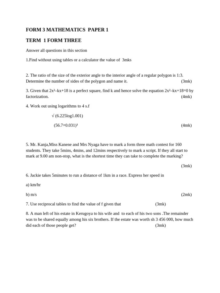 Mathematics Form 3 Paper 1 Pdf Circle Euclidean Geometry