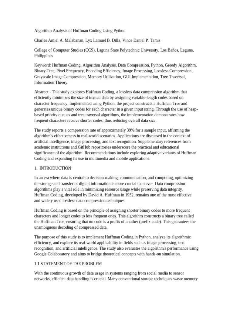 Algorithm Analysis Of Huffman Coding Using Python | PDF | Data Compression | Code