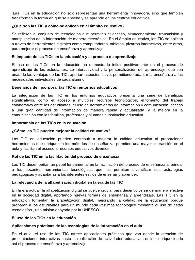Las TICs En La Educación | PDF | Tecnología De Información Y Comunicaciones | Enseñando