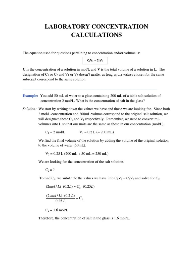 Laboratory Concentration Calculations | PDF | Solution | Concentration