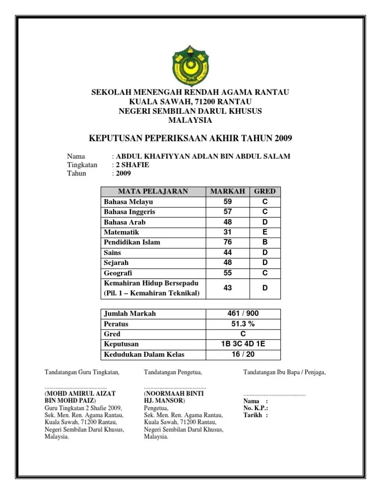 Gred pemarkahan tingkatan 1 hingga . Sijil Keputusan Peperiksaan Template Pdf