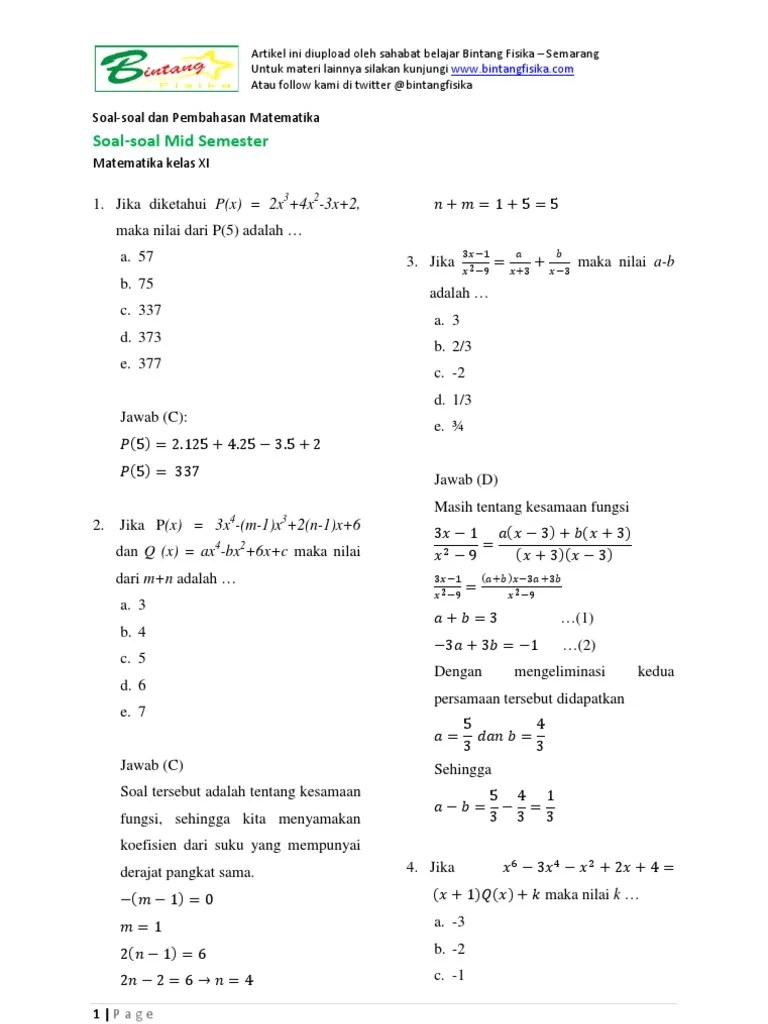 Soal Uas Matematika Kelas Xi Semester 1 