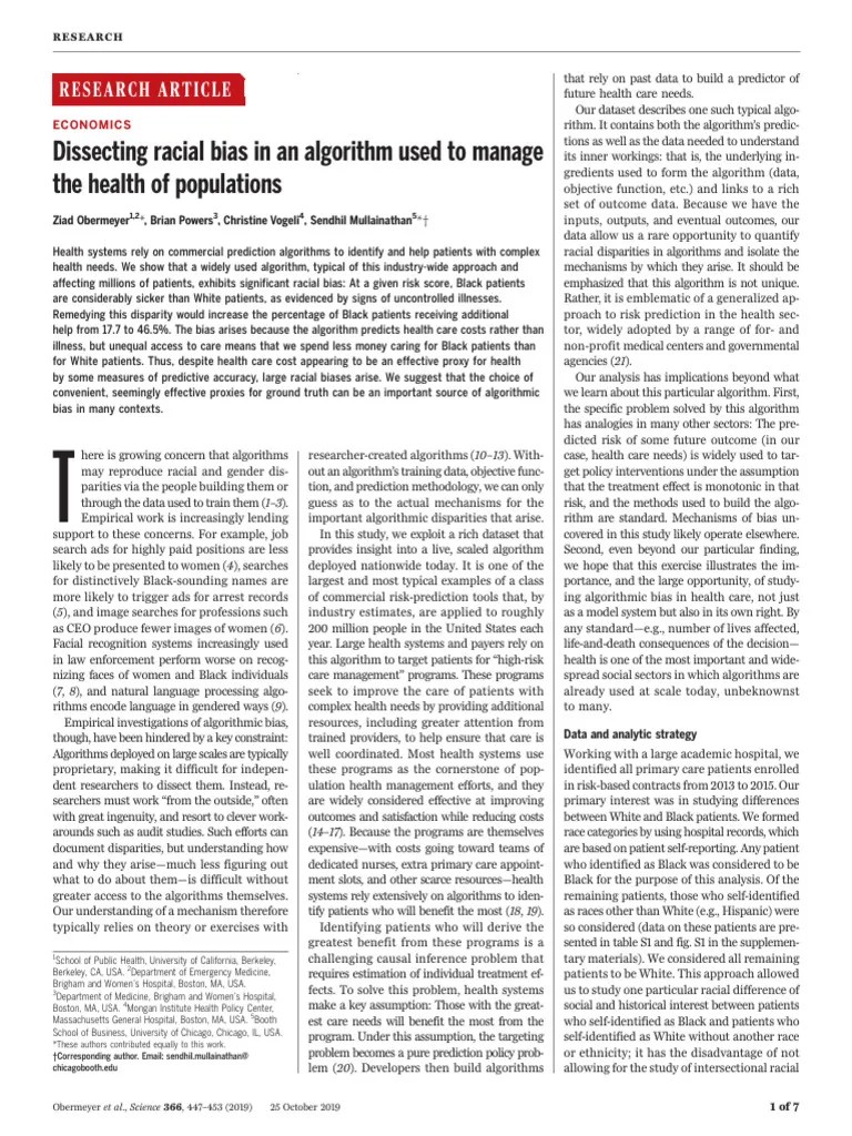 Obermeyer, Z., Et Al. (2019) - Dissecting Racial Bias In An Algorithm Used To Manage The Health ...