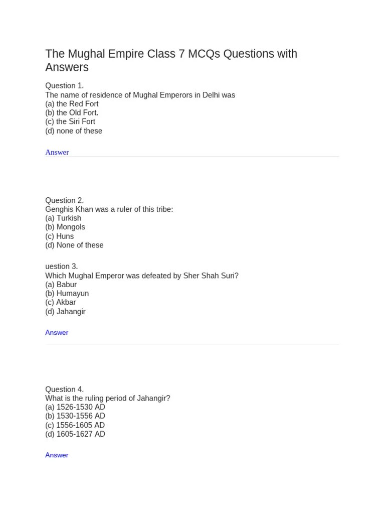 The Mughal Empire Class 7 MCQs Questions With Answers | PDF | Mughal Empire