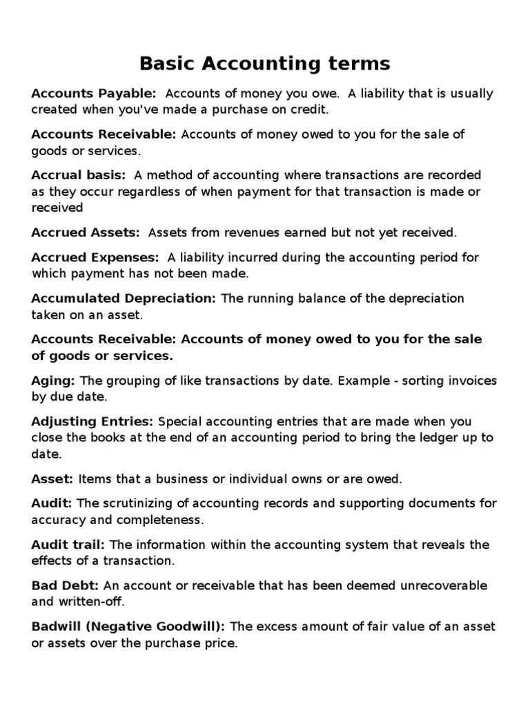 Accounting Terms - Basic Definitions | PDF | Debits And Credits | Expense
