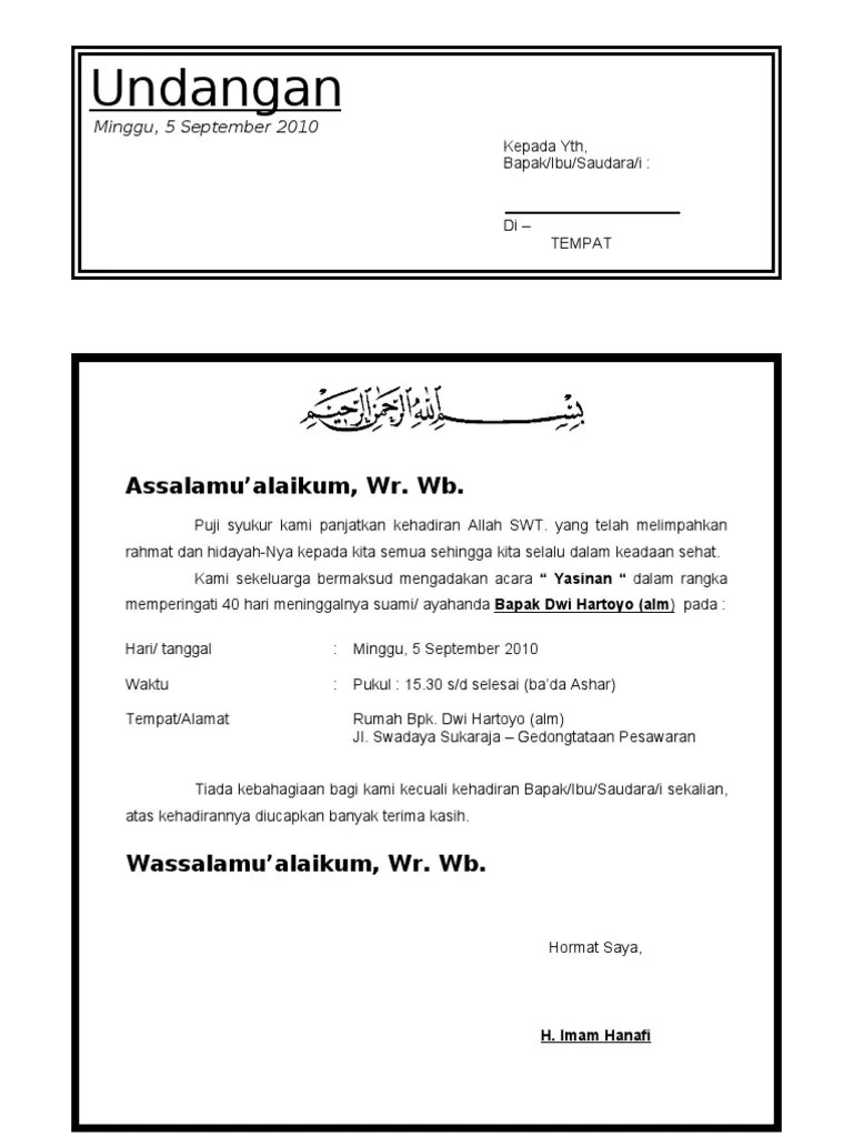 Download undangan tahlil 40 hari orang meninggal doc peringatan hari ke 40 dari . Contoh Surat Undangan 1000 Hari Orang Meninggal Kumpulan Surat Penting