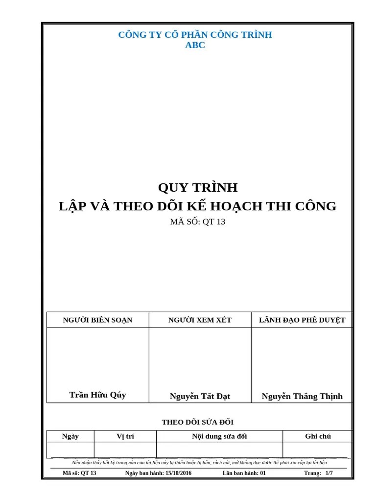 QT 13 Quy Trinh Lap Va Theo Doi Ke Hoach Thi Cong | PDF