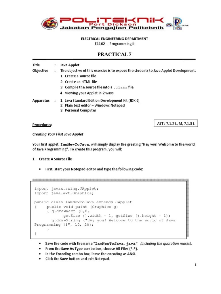 Lab 7 - Java Applet | PDF | Java (Programming Language) | Computer ...