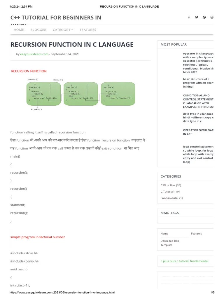Recursion Function In C Language | PDF | C (Programming Language) | C++