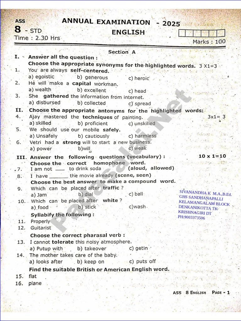 8th English Annual Exam 2025 Question Paper Krishnagiri District Pdf