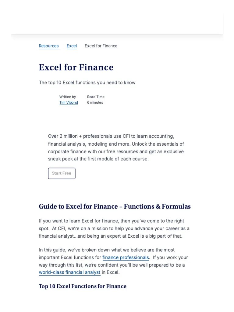 Excel For Finance - Top 10 Formulas And Functions | PDF | Interest ...