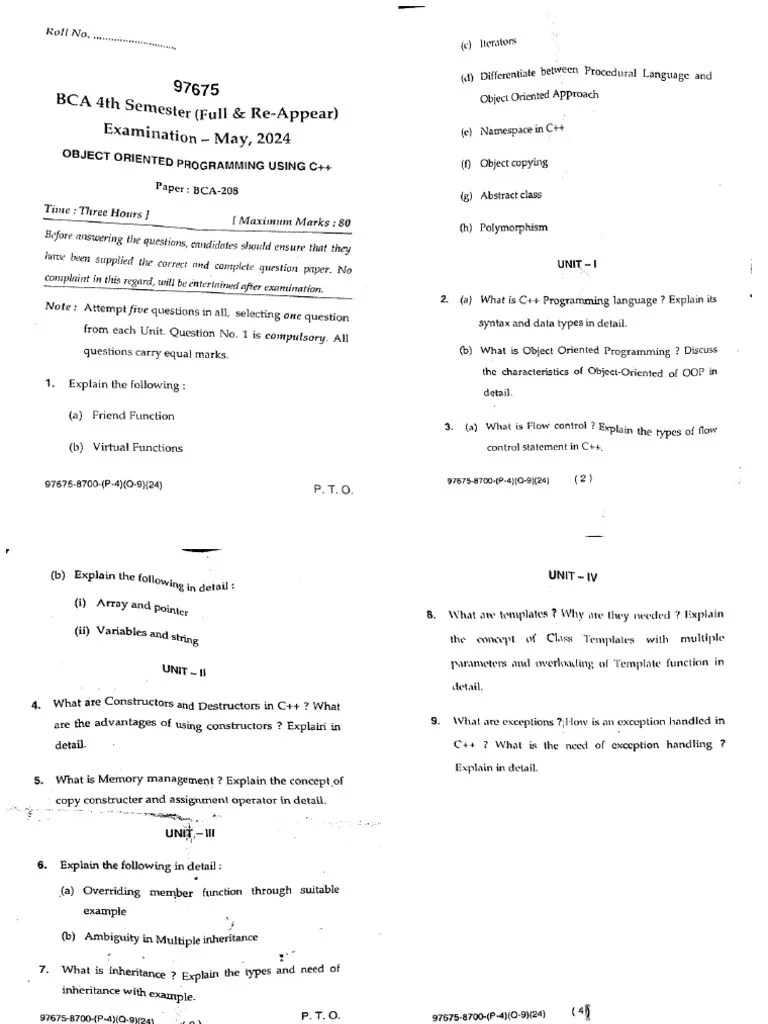 Bca 4 Sem Object Oriented Programming Using CPP 97675 May 2024 | PDF