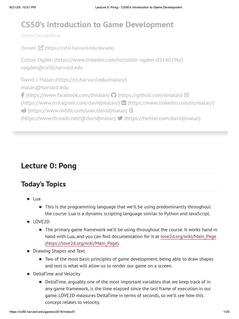 Lecture 0 - Pong - CS50 Game Development | PDF | Class (Computer ...