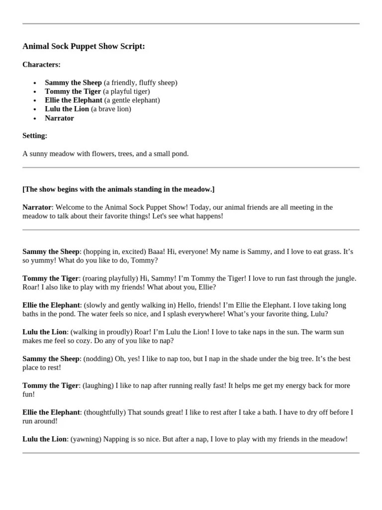 Animal Sock Puppet Show Script | PDF