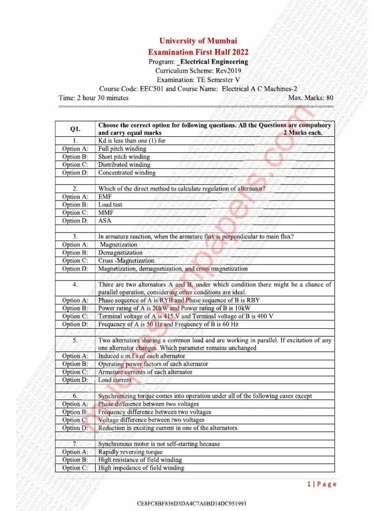 Be Electrical Engineering Semester 5 2022 May Electrical Ac Machines II ...